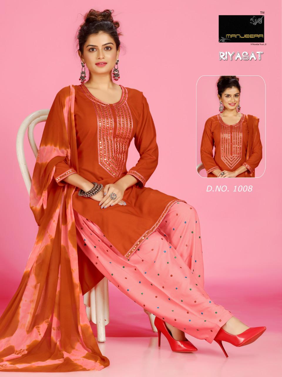 Manjeera Riyasat  Latest Fancy Designer Rayon Patiyala work Ethnic Wear Readymade Collection